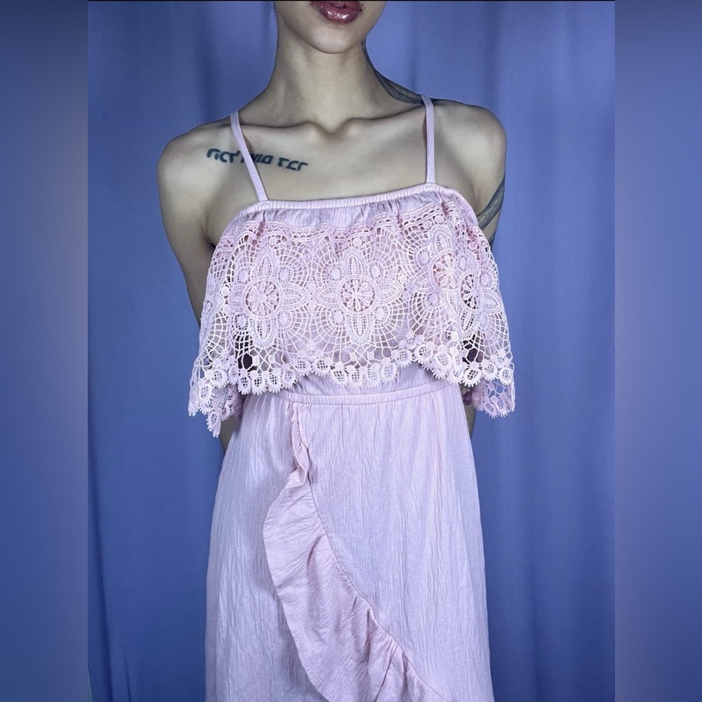No Boundaries Blush Pink Ruffle Lace Midi Sundress Womens Size S Asymmetric Boho